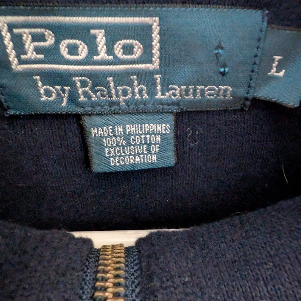 Polo Ralph Lauren Men's Navy Blue 1/4 Zip Cotton Sweater Leather Pull Size L - Picture 3 of 3